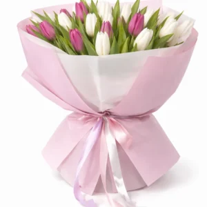 A bouquet of tulips in branded packaging by AIGUL Flowers